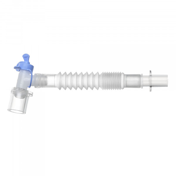 Length: 15 cm. Patient connector: angled double swivel with a port for bronchoscopy and sanitation 22M/15F M15/F22. Machine-side connector: 15M